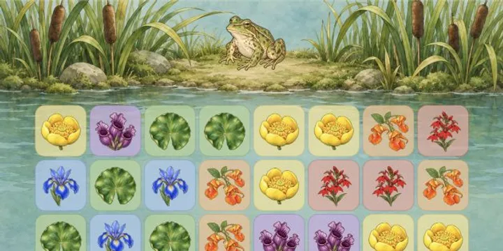 The Pond in Garden Match, with watercolor plant tiles and a frog beside the water.