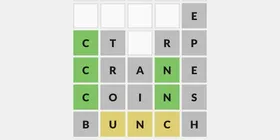 A Stacky Letters game in progress, with stacked guesses and green, yellow, and gray letter hints.